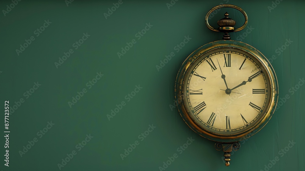 An antique clock hangs on a green wall. An antique clock hangs on a green wall.