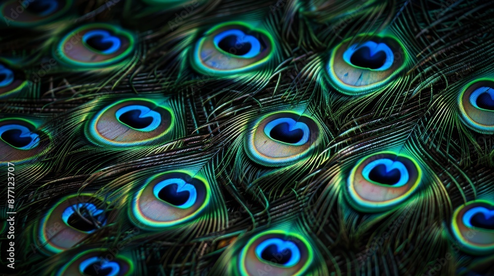 Obraz premium A tight shot of a peacock's feathers displaying a blue heart in their midst
