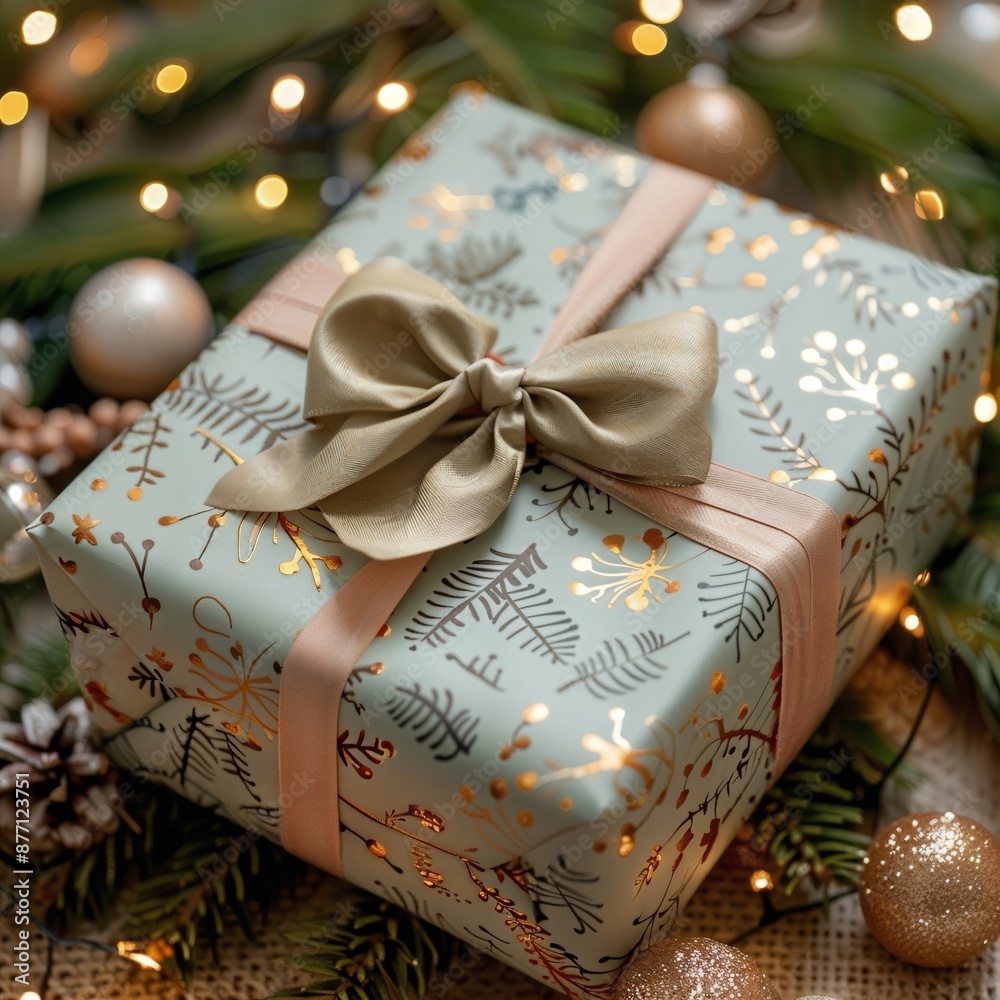 a wrapped present sitting on top of a christmas tree