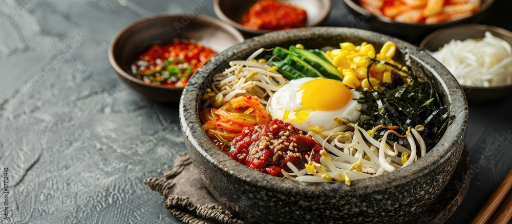 Kongnamul Bap, a Korean dish combining soybean sprouts and rice in a bowl, featuring a blend of fresh flavors with a backdrop of traditional Korean cuisine, perfect for copy space image. Kongnamul Bap, a Korean dish combining soybean sprouts and rice in a bowl, featuring a blend of fresh flavors with a backdrop of traditional Korean cuisine, perfect for copy space image.