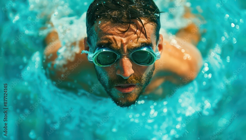 Fototapeta premium Dynamic Shot of Athlete Diving into Water with Energetic Plunge, Movement, Life, and Pure Adrenaline, Perfect for Sports, Fitness, and Water Activities