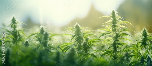 Close-up of a big cannabis sheet with blurred background, ideal for copy space image, depicting the concept of hemp cultivation. photo