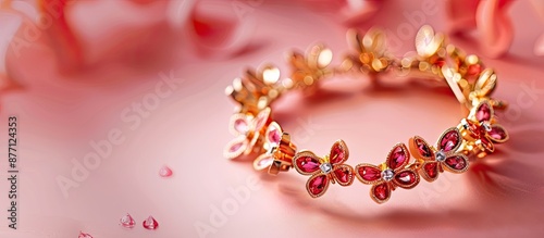 Romantic jewelry featuring a gold bracelet adorned with butterflies, red enamel, and a diamond set against a pink background, perfect for advertising with copy space image. photo