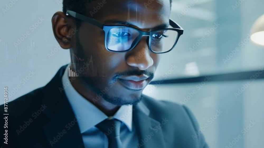 A businessman in a suit and tie works on a laptop computer. A stock market chart overlay appears on his chest. A businessman in a suit and tie works on a laptop computer. A stock market chart overlay appears on his chest.