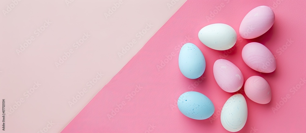 Easter-themed candy eggs on a soft white and pink backdrop, creating a cheerful flat lay composition with ample copy space image. Easter-themed candy eggs on a soft white and pink backdrop, creating a cheerful flat lay composition with ample copy space image.