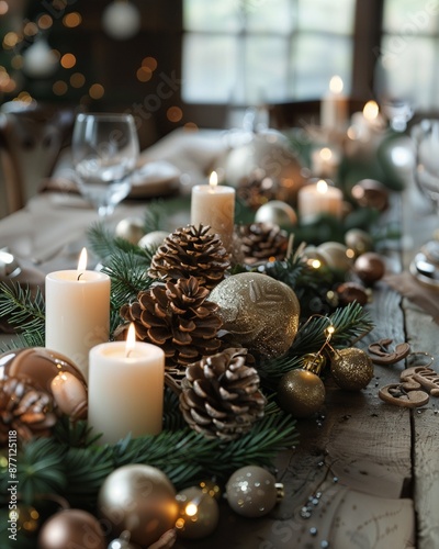 a table topped with candles and christmas decorations © KWY