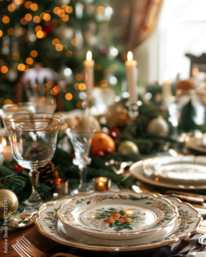 a table set for christmas with a christmas tree in the background a table set for christmas with a christmas tree in the background