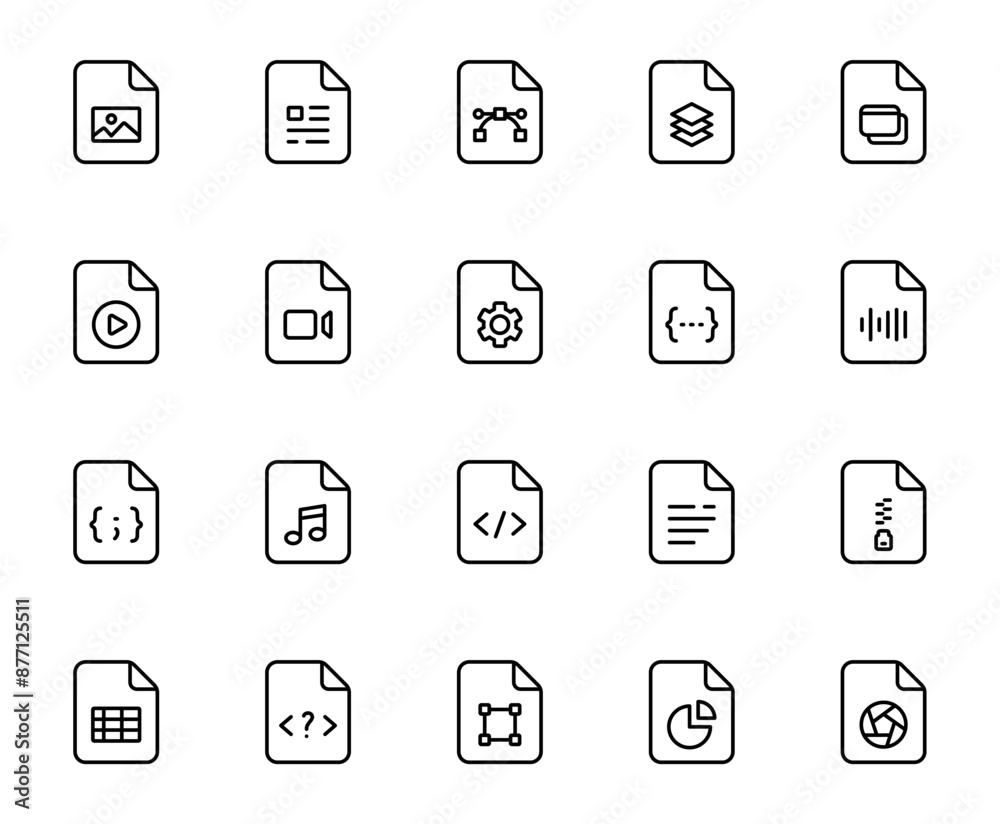 File type line icons. File formats in flat design. File and documents extensions. Icons for ui. Vector illustration.