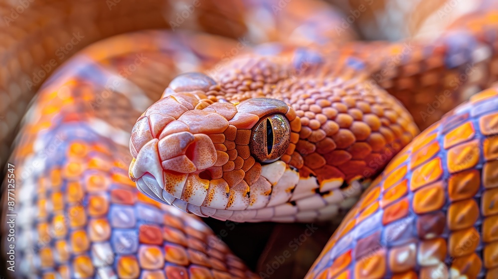 A tight shot of a snake's head, adorned with intricate orange, blue, and white markings along its body A tight shot of a snake's head, adorned with intricate orange, blue, and white markings along its body
