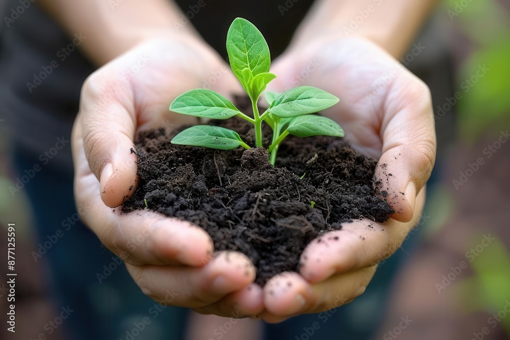 Close-up of a person's hands holding a soil with a young plant Close-up of a person's hands holding a soil with a young plant