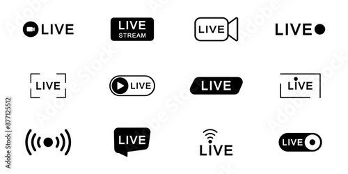 Live streaming icon set. Live broadcasting buttons and symbols. Set of online stream icons. Live stream logo. Social media. Vector illustration.