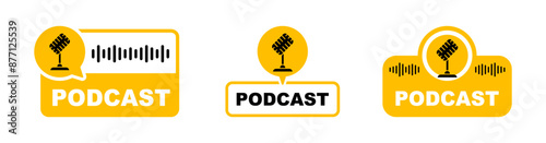 Podcast logo set. The microphone icon. Podcast radio icon. Studio microphone with webcast. Audio record concept. Vector illustration.
