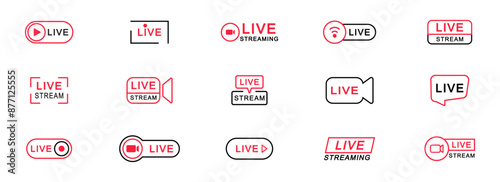 Live streaming icon set. Live broadcasting buttons and symbols. Set of online stream icons. Live stream logo. Social media. Vector illustration.