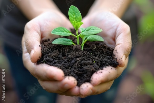 Close-up of a person's hands holding a soil with a young plant