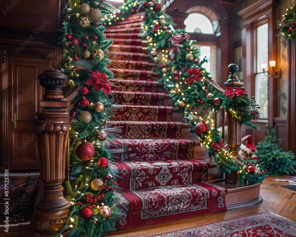 Fototapeta premium a staircase decorated with christmas decorations and garland