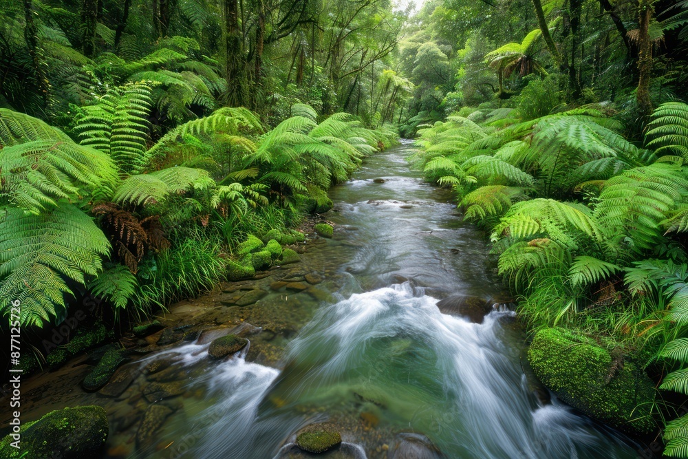 Serene Flowing River Through Lush Rainforest, A Natural Oasis, Vibrant Wildlife and Lush Vegetation, Stream of Life, Nature's Artery Serene Flowing River Through Lush Rainforest, A Natural Oasis, Vibrant Wildlife and Lush Vegetation, Stream of Life, Nature's Artery