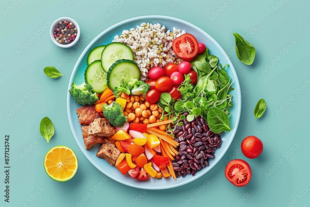 A flat design illustration of a well-balanced meal featuring lean proteins, whole grains, and a variety of colorful vegetables. The neatly arranged plate showcases a healthy and nutritious diet, A flat design illustration of a well-balanced meal featuring lean proteins, whole grains, and a variety of colorful vegetables. The neatly arranged plate showcases a healthy and nutritious diet,