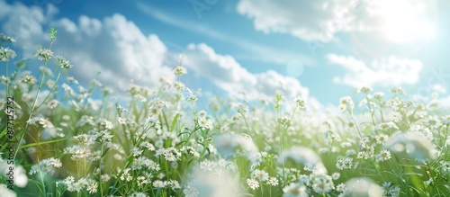 A bright sunny day backdrop showcases delicate white meadow flowers, creating a serene landscape with a distinctive copy space image. photo