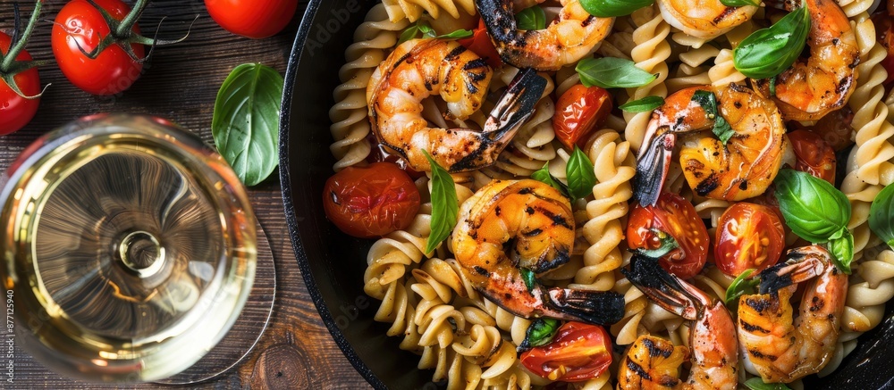 A delicious pasta dish with grilled shrimp, tomatoes, basil, and spices displayed on a cast-iron skillet on a wooden table with a glass of white wine, perfect for a copy space image. A delicious pasta dish with grilled shrimp, tomatoes, basil, and spices displayed on a cast-iron skillet on a wooden table with a glass of white wine, perfect for a copy space image.