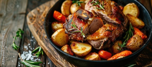 A delectable dish of roasted pork neck served with savory potatoes and carrots, perfect for a meal with a tempting copy space image. photo