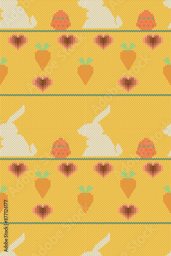 Knitting rabbit cartoon character texture with carrot, ester egg painting, heart shape autumn leaves background seamless pattern. Perfect design for fabric knitwear, sweater, fabric, clothing, graphic