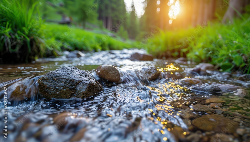 Fototapeta premium Tranquil Forest Stream with Glistening Water, Crystal Clear Flowing Water in Nature, Peaceful Stream Scene, Life in the Wilderness, Natural Beauty of a Forest Creek