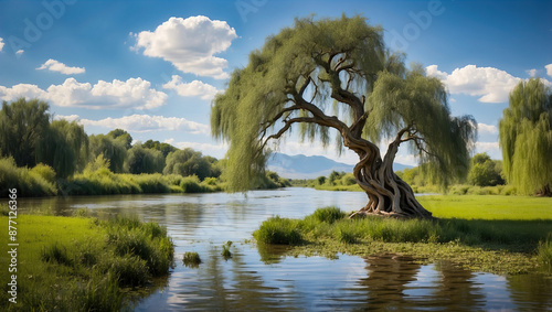 An ancient, twisted willow tree beside a tranquil river. photo