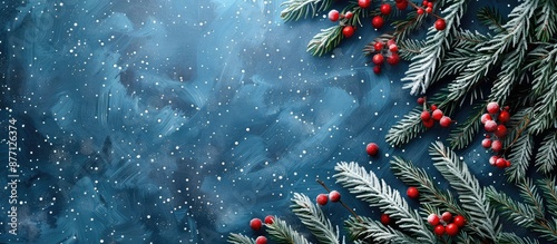 Snow-textured blue background features decorated Christmas fir tree branches with copy space image. photo
