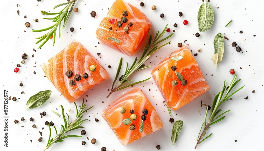 raw salmon piece cube with rosemary and peppercorn isolated on white background raw salmon piece cube with rosemary and peppercorn isolated on white background