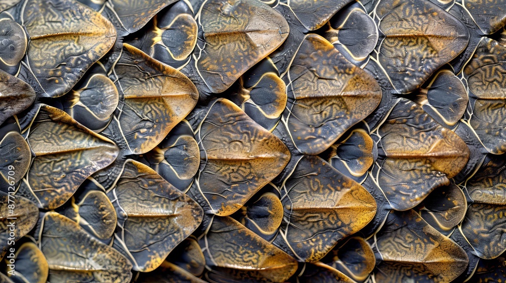 A tight shot of a golden and black-patterned wall, adorned with leaf-like shapes A tight shot of a golden and black-patterned wall, adorned with leaf-like shapes