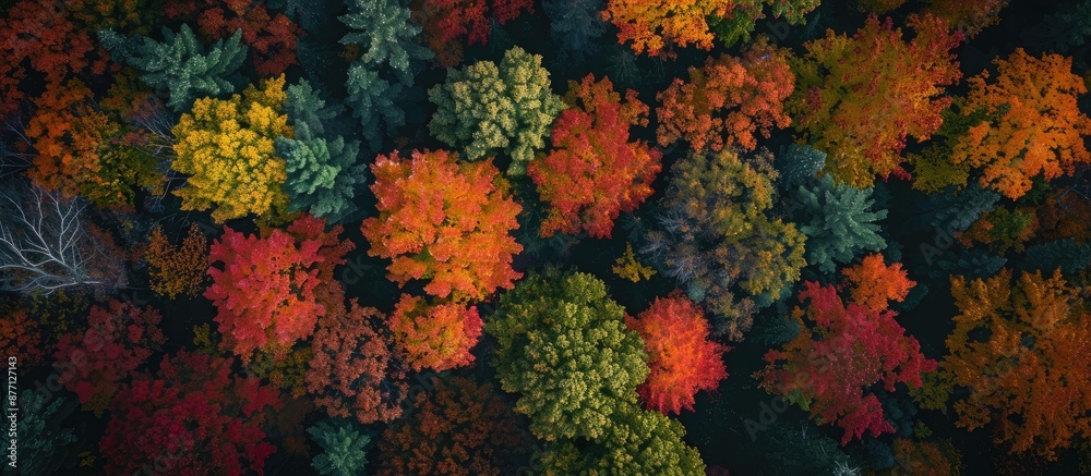 Capture a stunning aerial perspective of vibrant fall foliage against a blank surface for text or designs in the frame - ideal for a copy space image. Capture a stunning aerial perspective of vibrant fall foliage against a blank surface for text or designs in the frame - ideal for a copy space image.
