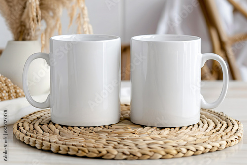 Two white blank mugs mockup. Front and back side of the mug background. 