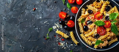 Top-down view of a fusilli pasta dish featuring tuna, tomatoes, olives, and parmesan cheese with ample copy space for a healthy food concept.