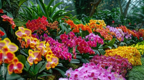 Colorful orchid display in Singapore Botanic Gardens