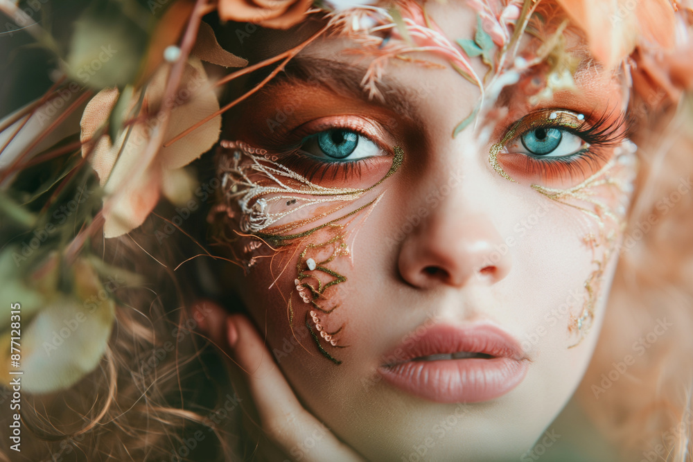 Halloween makeup, close-up of a person with fairy makeup, enchanted garden setting, soft natural light, magical and ethereal atmosphere, intricate face paint and costume embellishments