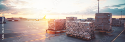 Air cargo logistic containers freighter, import export goods of freight global, process of handling, luggage loading with high loader at the airport