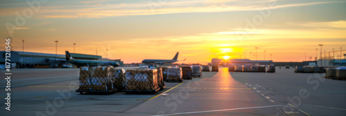 Air cargo logistic containers freighter, import export goods of freight global, process of handling, luggage loading with high loader at the airport