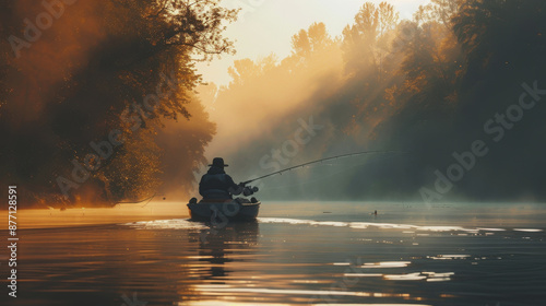 Fototapeta Naklejka Na Ścianę i Meble -  National Hunting and Fishing Day in the USA. a man is fishing with a fishing rod