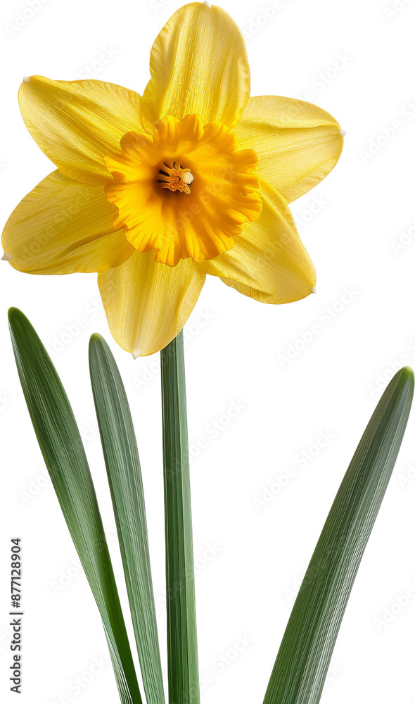 A vibrant yellow daffodil flower with green leaves isolated on a white background. Perfect for springtime themes and floral decor. A vibrant yellow daffodil flower with green leaves isolated on a white background. Perfect for springtime themes and floral decor.