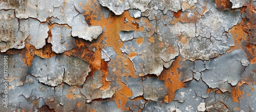 Rusty, weathered concrete wall with peeling paint and cracks for a grungy texture, ideal for a copy space image. photo