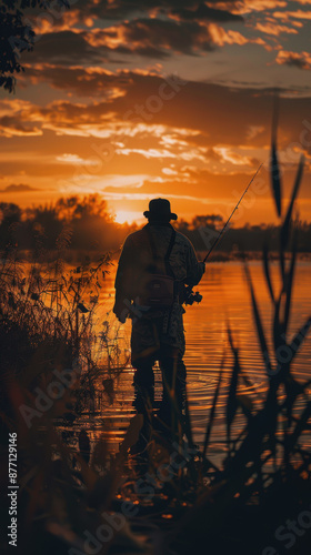 Fototapeta Naklejka Na Ścianę i Meble -  National Hunting and Fishing Day in the USA. a man is fishing with a fishing rod