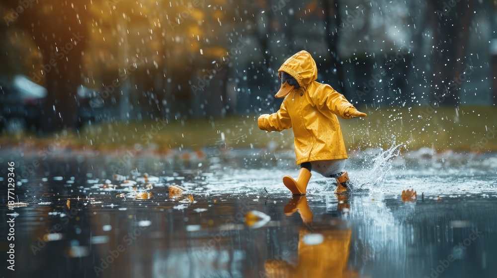 Fototapeta premium A small girl, clad in a yellow raincoat, dashes through a puddle in the rain Her mirror image reflects in the water