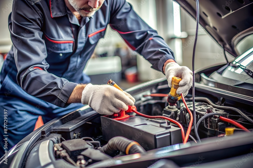 Technician Hands of car mechanic working repair in auto repair Service electric battery and Maintenance of car battery. Check the electrical system inside the car. Technician Hands of car mechanic working repair in auto repair Service electric battery and Maintenance of car battery. Check the electrical system inside the car.