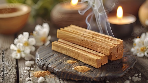 Up close view of Palo Santo bars with space for text Sanctifying with sacred wood meditation and scented incense and candles