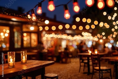 Wooden tabletop countertop backdrop with blurred background of outdoor restaurant at night with festive bokeh lights © Kheng Guan Toh