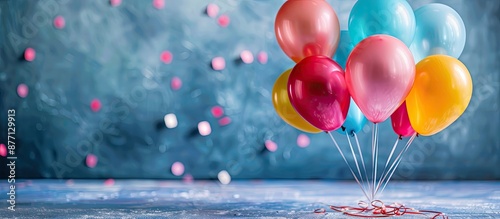 Colorful balloons are featured in a birthday setting with room for a copy space image.