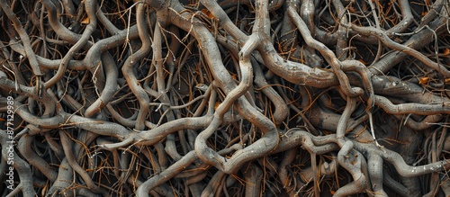 An image depicting a wall covered in tangled tree roots, with room for adding text or other images. photo