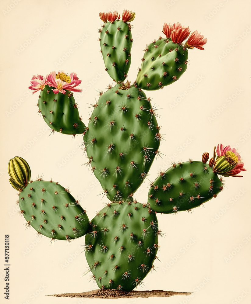 Opuntia cactus plant isolated on white background, old botanical illustration Opuntia cactus plant isolated on white background, old botanical illustration