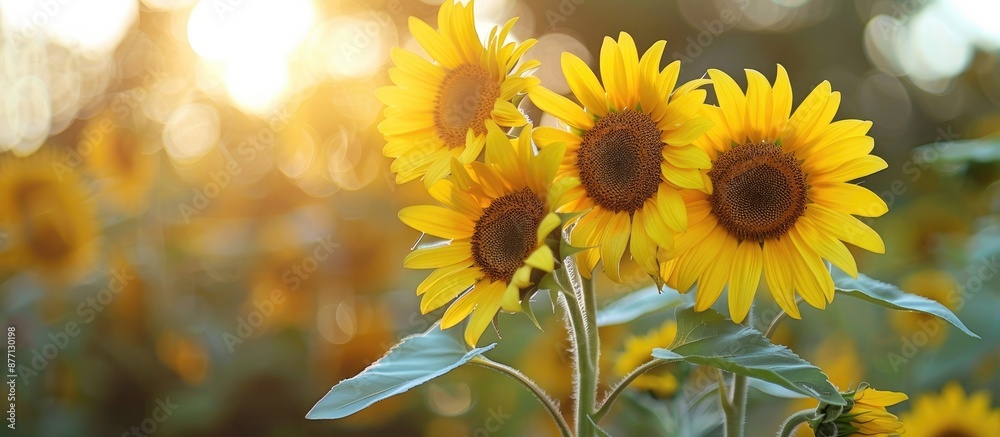 Fototapeta premium Sunflowers in a rural setting with a picturesque background perfect for a copy space image.