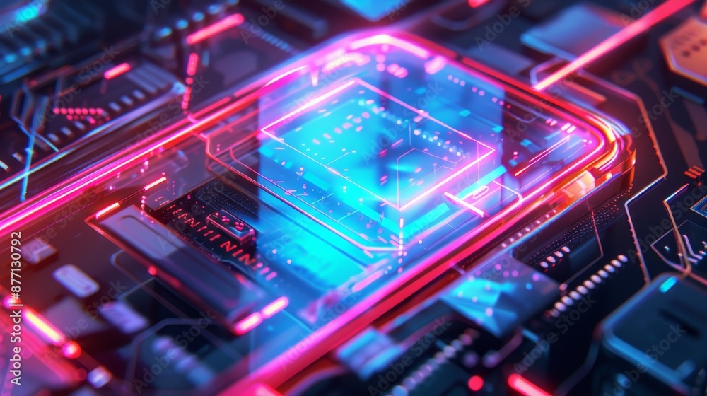 Futuristic circuit board with neon lights, close-up macro shot of technology hardware components, emphasizing innovation and digitalization. Futuristic circuit board with neon lights, close-up macro shot of technology hardware components, emphasizing innovation and digitalization.
